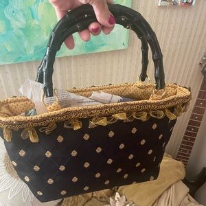 Beautiful brocade bamboo handle small tote bag